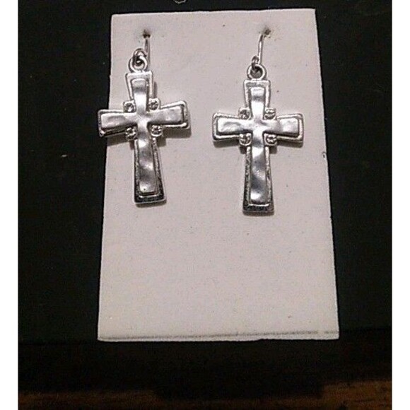 Textured Silvertone Cross Earrings With Clear Rhinestones - Picture 1 of 3